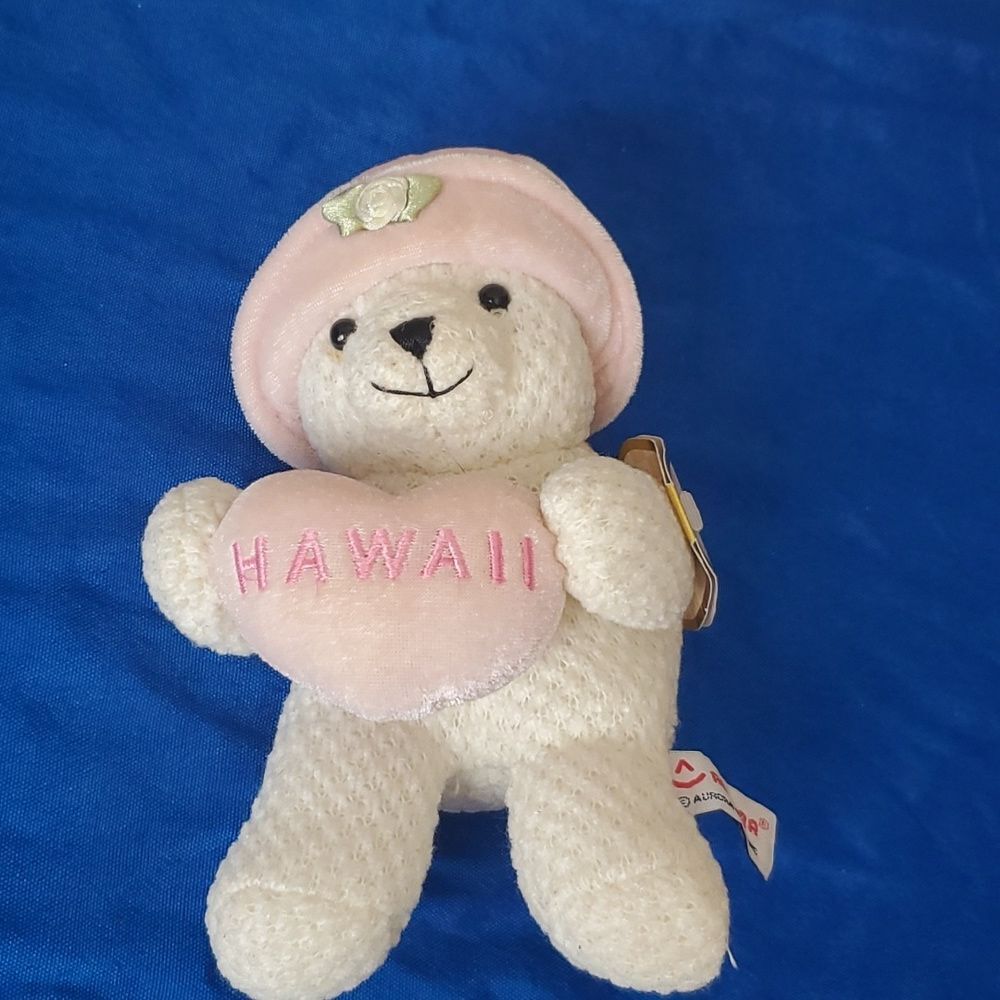 A&A Aurora Sweet Heart Teddy Bear Hawaii 7" White Waffle Weave Pink Hat Plush - Picture 1 of 12
